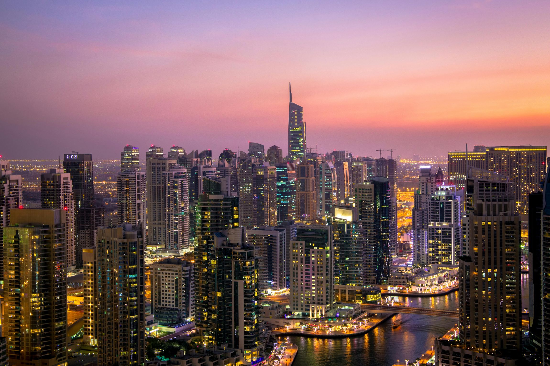 A view of Dubai at night.